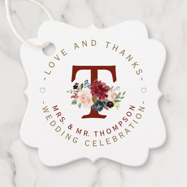 Étiquettes Cadeau Mariage circulaire de Monogramme Floral Burgundy (Devant)