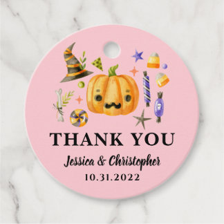 Étiquettes Cadeau Mariage Citrouille d'Halloween Merci rose