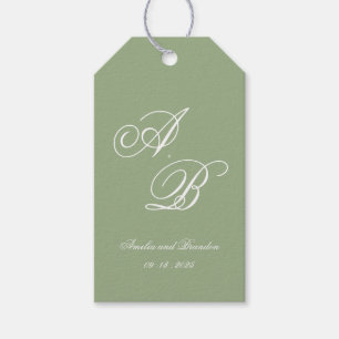 Étiquettes-cadeau Mariage Classique Vert Sauge & Blanc Monogramme Sc