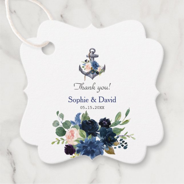 Étiquettes Cadeau Mariage d'Ancre floral bleu rose marine (Devant)