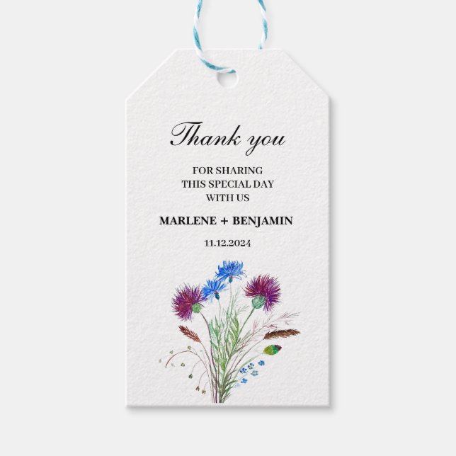 Étiquettes-cadeau Mariage d'aquarelle fleurie écossaise de chardon (Devant)