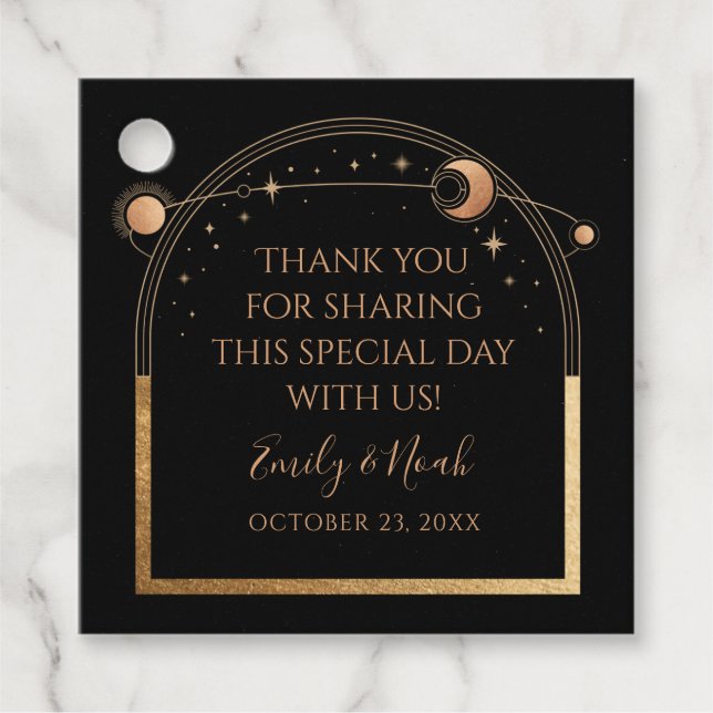 Étiquettes Cadeau Mariage d'astronomie mystique Black Gold Sun Moon (Devant)