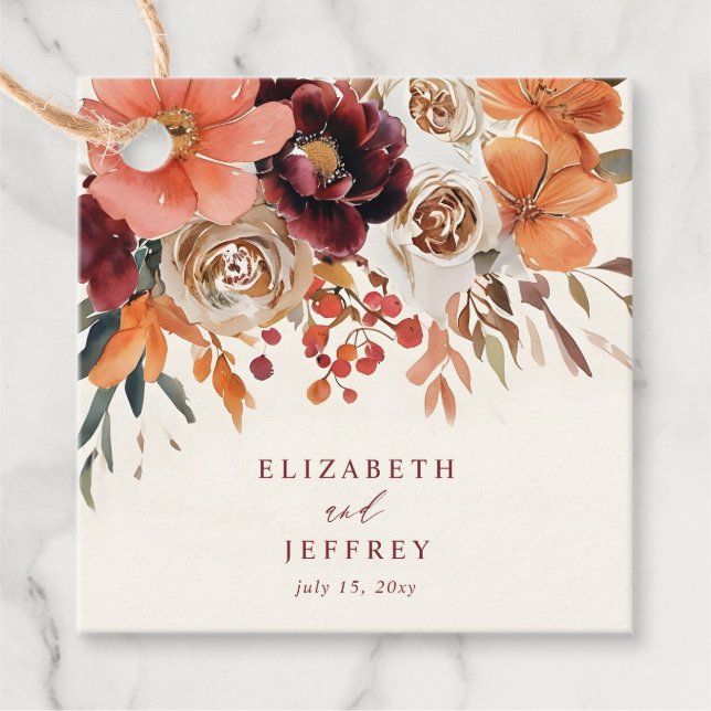 Étiquettes Cadeau Mariage de automne Floral Orange Bourgogne (Devant)