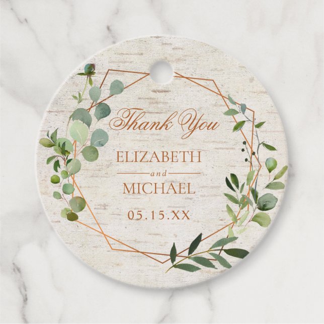 Étiquettes Cadeau Mariage de bouleau Eucalyptus géométrique en cuivr (Devant)