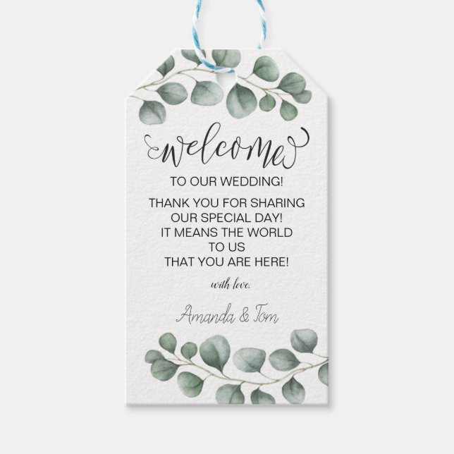 Étiquettes-cadeau Mariage de calligraphie Eucalyptus vert Bienvenue (Devant)