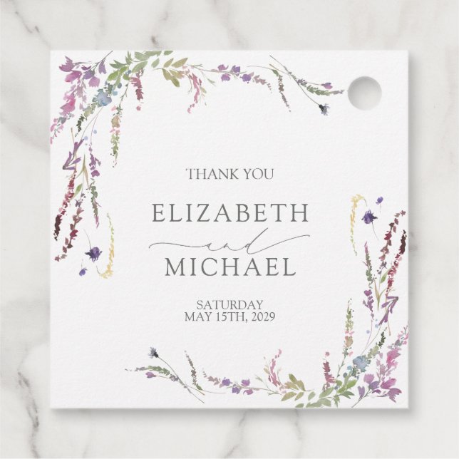 Étiquettes Cadeau Mariage de calligraphie Fleur sauvage violet (Dos)
