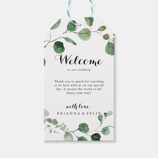 Étiquettes-cadeau Mariage de calligraphie moderne Eucalyptus Bienven (Devant)