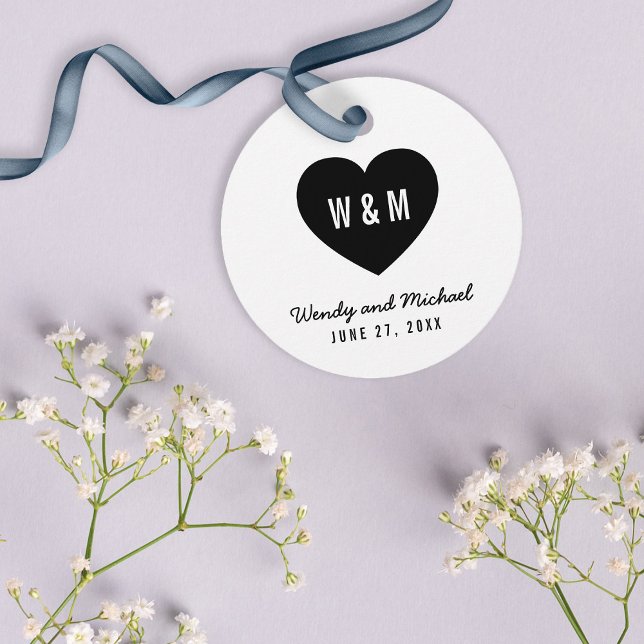 Étiquettes Cadeau Mariage de coeur de Monogramme blanc et noir (Créateur téléchargé)
