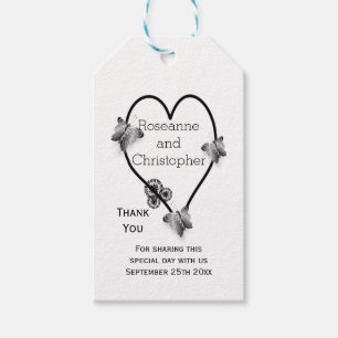 Étiquettes-cadeau Mariage de conception cardiaque du papillon noir e