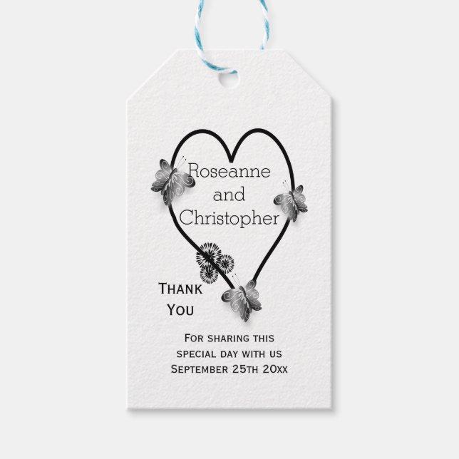 Étiquettes-cadeau Mariage de conception cardiaque du papillon noir e (Devant)
