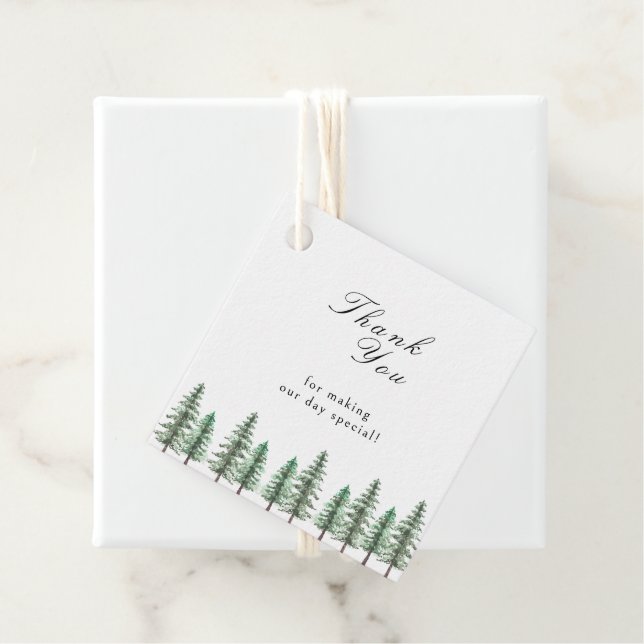 Étiquettes Cadeau Mariage de forêt de pins d'aquarelle (En situation)