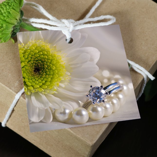 Étiquettes Cadeau Mariage de marguerite blanche et anneau de diamant (Créateur téléchargé)