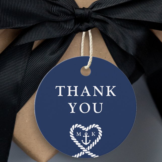 Étiquettes Cadeau Mariage de Merci de Monogramme de Coeur bleu marin (Nautical Blue Heart Monogram Wedding Thank You Favor Tags)