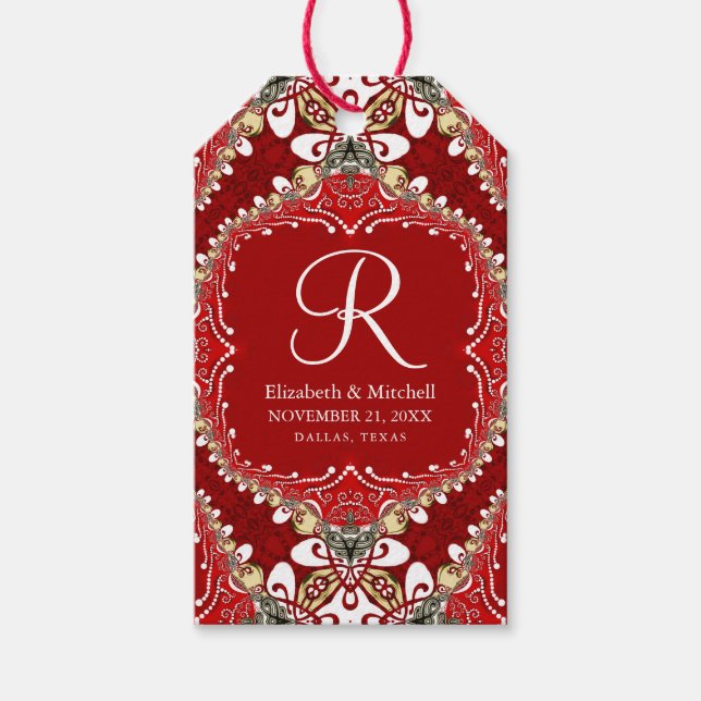 Étiquettes-cadeau Mariage de monogramme Batik de Bohême Rouge (Devant)