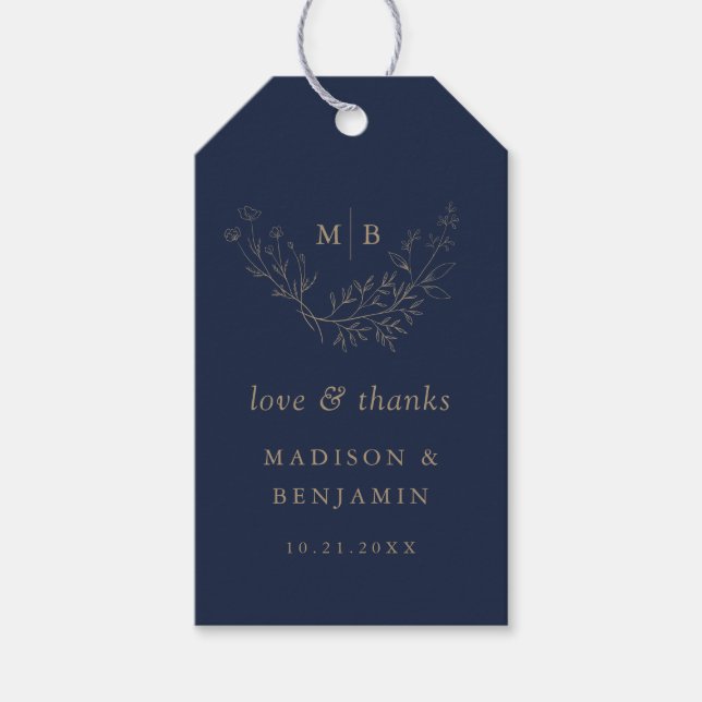 Étiquettes-cadeau Mariage de monogramme botanique minimal de la Mari (Devant)