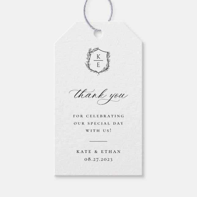Étiquettes-cadeau Mariage de monogramme de crête botanique (Devant)