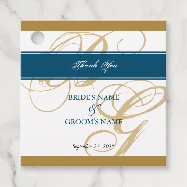 Étiquettes Cadeau Mariage de monogramme or Blue Elegant (Devant)