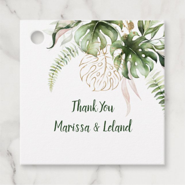 Étiquettes Cadeau Mariage de Monstera Tropical Floral Rose (Devant)