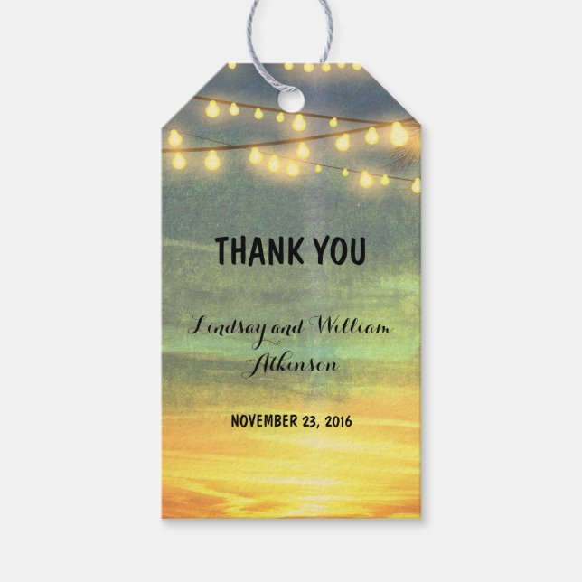 Étiquettes-cadeau Mariage de palmiers de plage String Lights (Devant)
