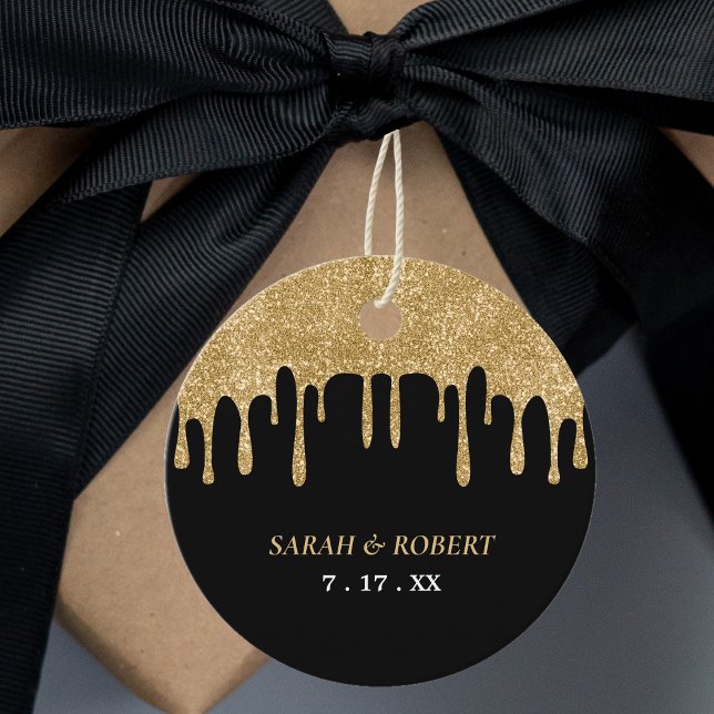 Étiquettes Cadeau Mariage de Parties scintillant Black & Gold (Black & Gold Glitter Drip Wedding Favor Tags)
