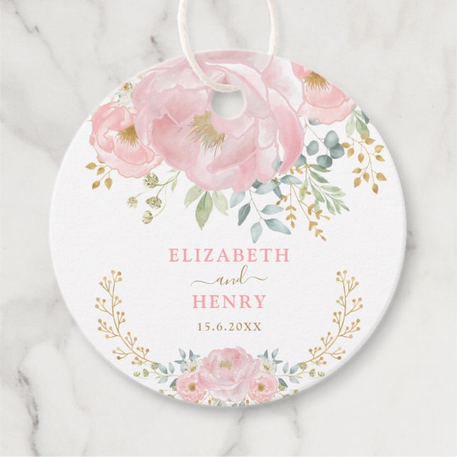 Étiquettes Cadeau Mariage de pivoine dorée rose classique (Devant)