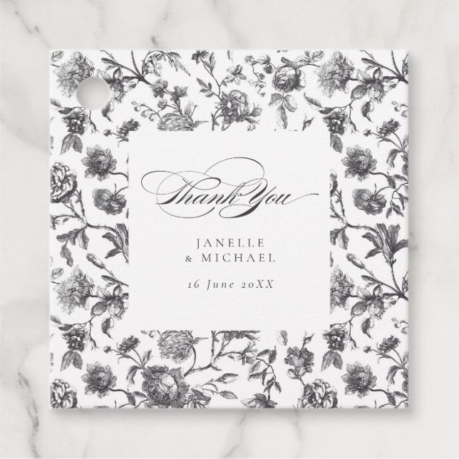 Étiquettes Cadeau Mariage de toile florale noir et blanc antique (Devant)