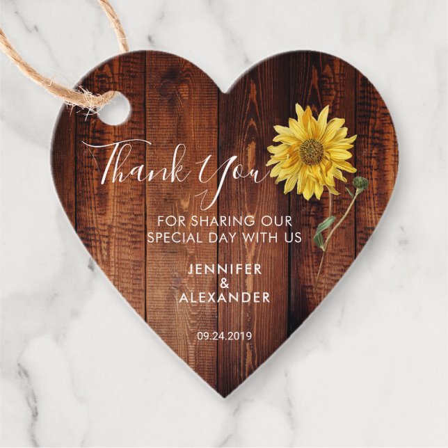 Étiquettes Cadeau Mariage de tournesol en bois rustique merci (Devant)
