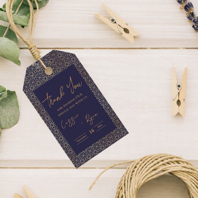 Étiquettes-cadeau Mariage design branché Royal Blue Gold Intricate (Trendy Royal Blue Gold Intricate Design Wedding Gift Tags)