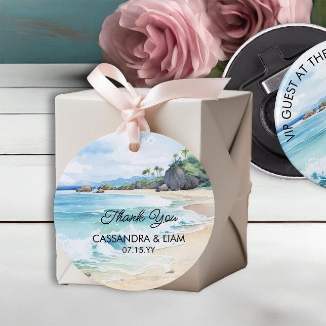 Étiquettes Cadeau Mariage d'été Aquarelle Plage tropicale Paysage (Wedding favor tags from the Summer Beach Wedding Collection by Darling & May)