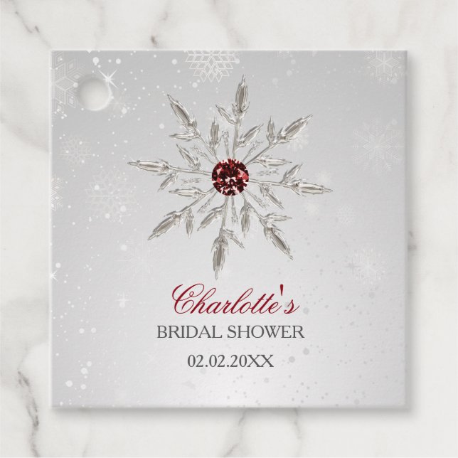 Étiquettes Cadeau Mariage d'hiver Flocons de neige Rouges Argentés (Devant)