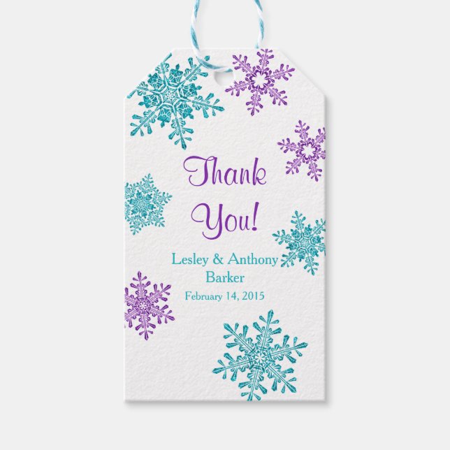 Étiquettes-cadeau Mariage d'hiver Merci violet Flocon de neige Turqu (Devant)