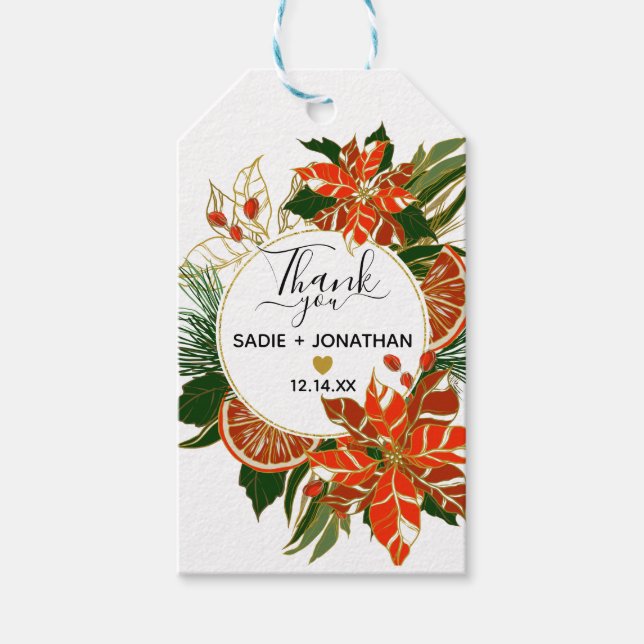 Étiquettes-cadeau Mariage d'hiver Poinsettia Citrus Gold (Devant)