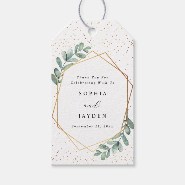 Étiquettes-cadeau Mariage d'huile d'or géométrique Eucalyptus (Devant)