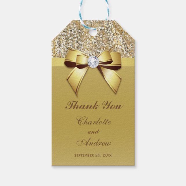 Étiquettes-cadeau Mariage diamant Bow Sequins Or (Devant)