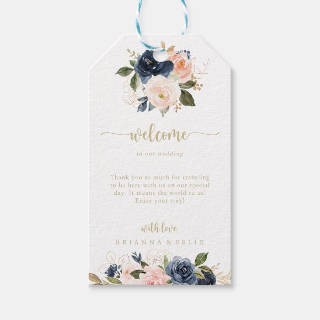 Étiquettes-cadeau Mariage d'or floral Blush Navy Bienvenue (Devant)