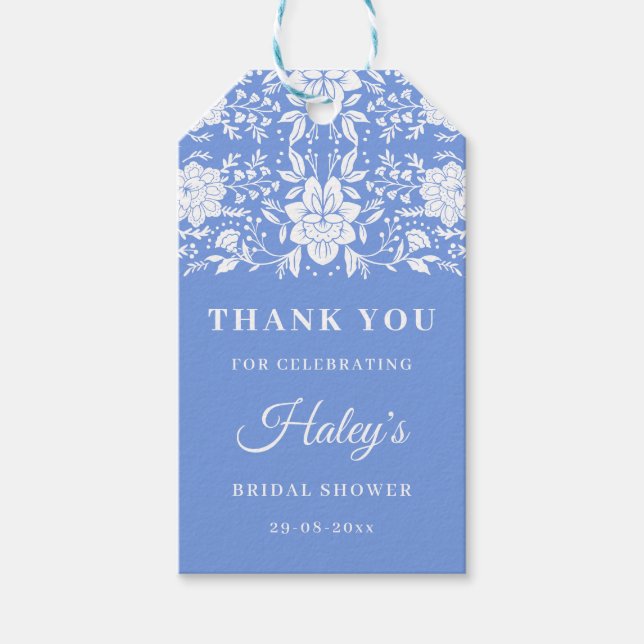 Étiquettes-cadeau Mariage élégant avec motif floral en bleu chinoise (Devant)