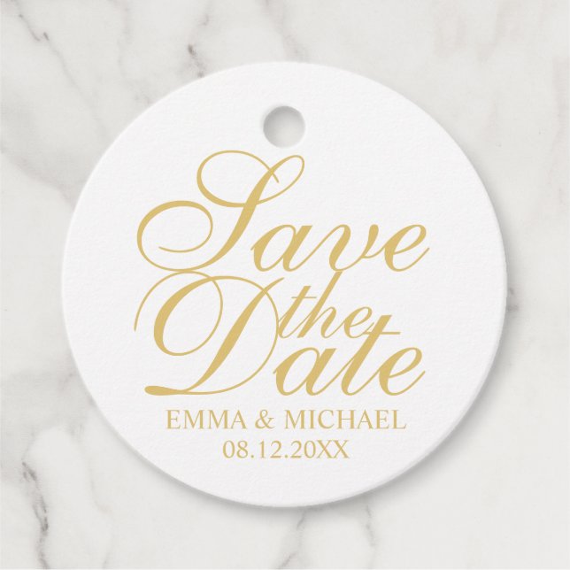 Étiquettes Cadeau Mariage élégant blanc et or Enregistrer la date (Devant)