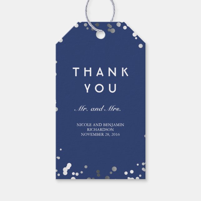 Étiquettes-cadeau Mariage élégant de Confetti Argent et Marine (Devant)