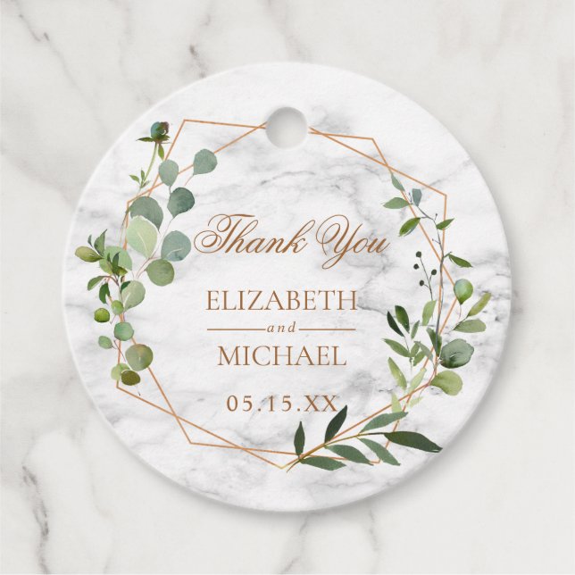 Étiquettes Cadeau Mariage élégant en marbre Eucalyptus géométrique e (Devant)