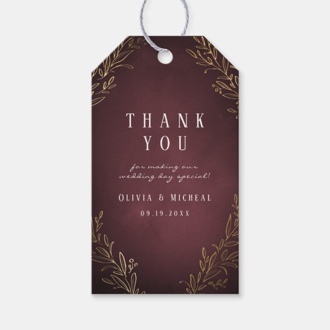 Étiquettes-cadeau Mariage élégant et botanique en or doré (Devant)