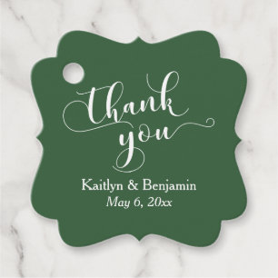 Étiquettes Cadeau Mariage Elegant White sur Hunter Green Merci