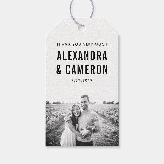 Étiquettes-cadeau Mariage en gras | Texte noir en blanc avec photo (Devant)