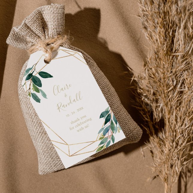 Étiquettes-cadeau Mariage Eucalyptus Géométrique Or (Créateur téléchargé)