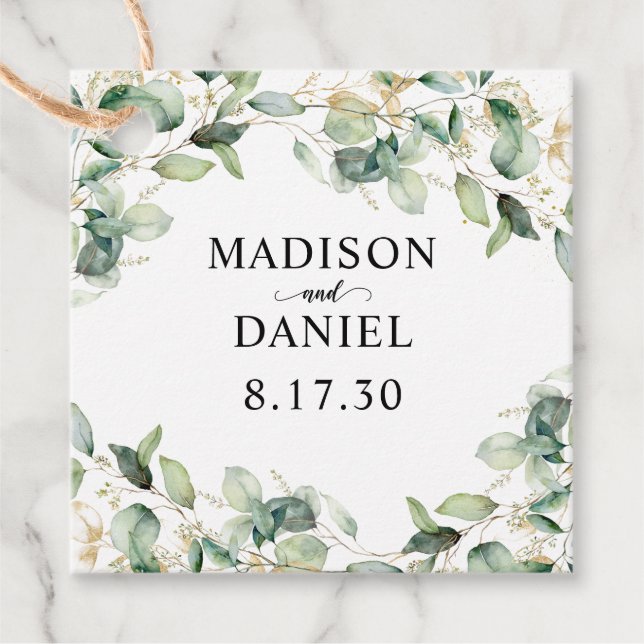 Étiquettes Cadeau Mariage Feuille d'or Eucalyptus (Devant)