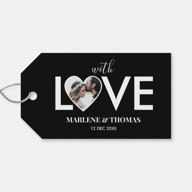 Étiquettes-cadeau Mariage Fiançailles Photo personnalisée Black Hear (Dos (Horizontal))