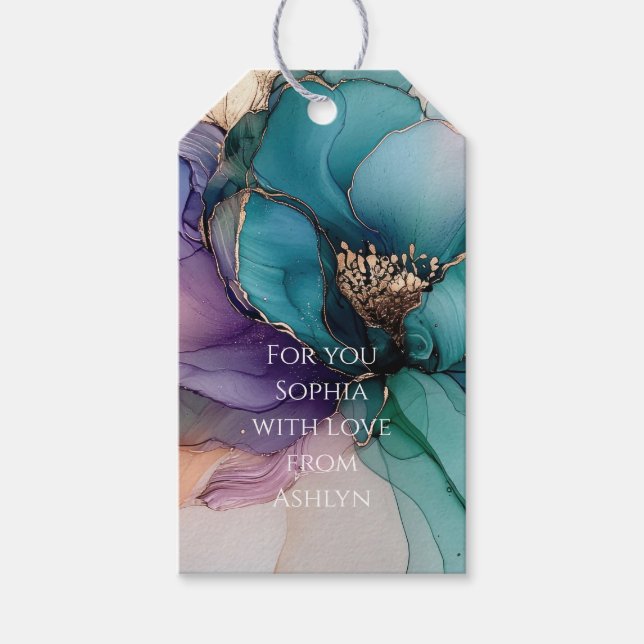 Étiquettes-cadeau Mariage Fleur Bleu Or Aqua Violet Fête de Mariée (Devant)