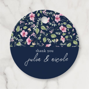 Étiquettes Cadeau Mariage Fleur d'Hibiscus Rose Bleu Navy Poussiéreu