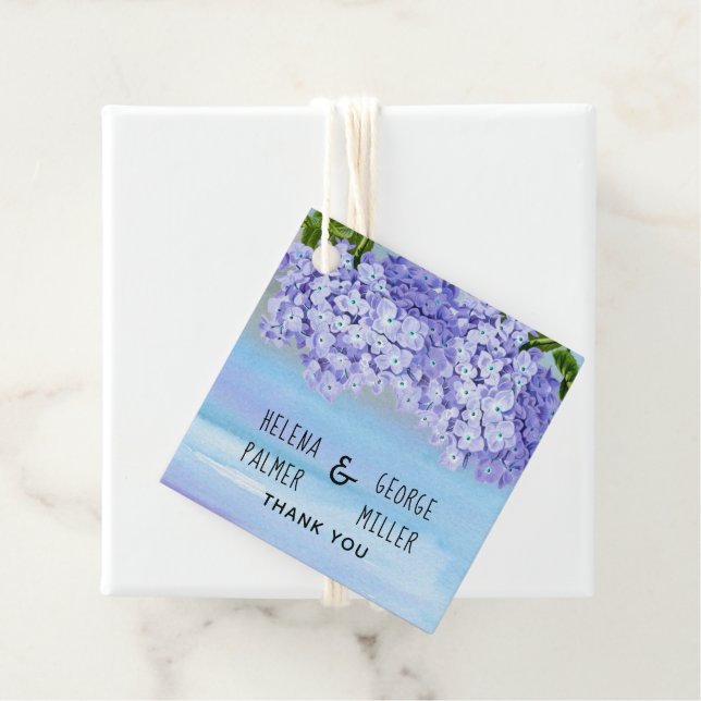 Étiquettes Cadeau Mariage fleuri bleu violet hydrangea (En situation)