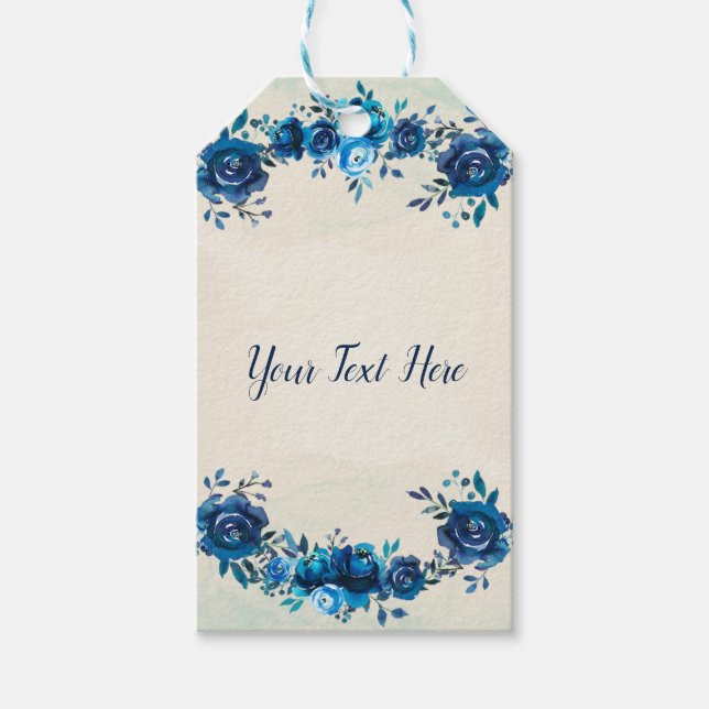 Étiquettes-cadeau Mariage Fleurs Aquarelle Bleu Indigo et Beige (Devant)