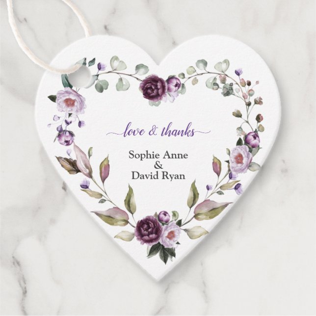 Étiquettes Cadeau Mariage Fleurs de Pivoines Violettes Roses Délicat (Devant)